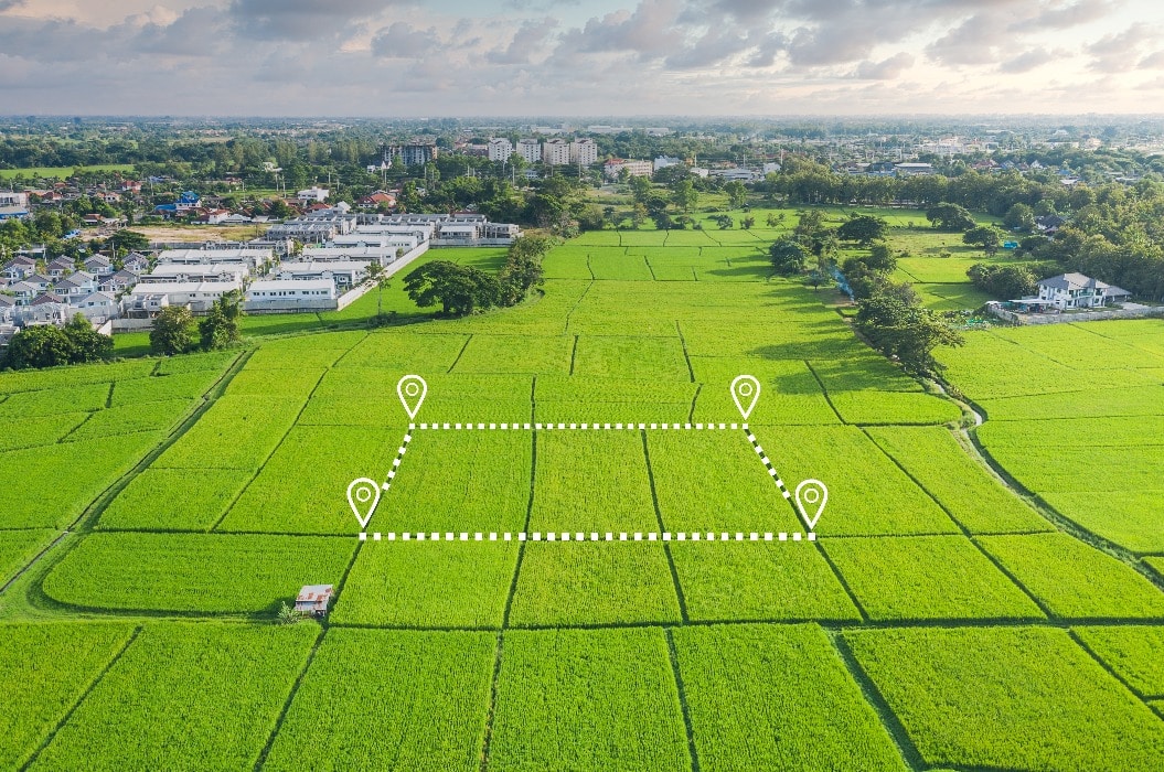 Land plot in aerial view. Gps registration survey of property, real estate for map with location, area. Concept for residential construction, development. Also house for sale, buy, investment.