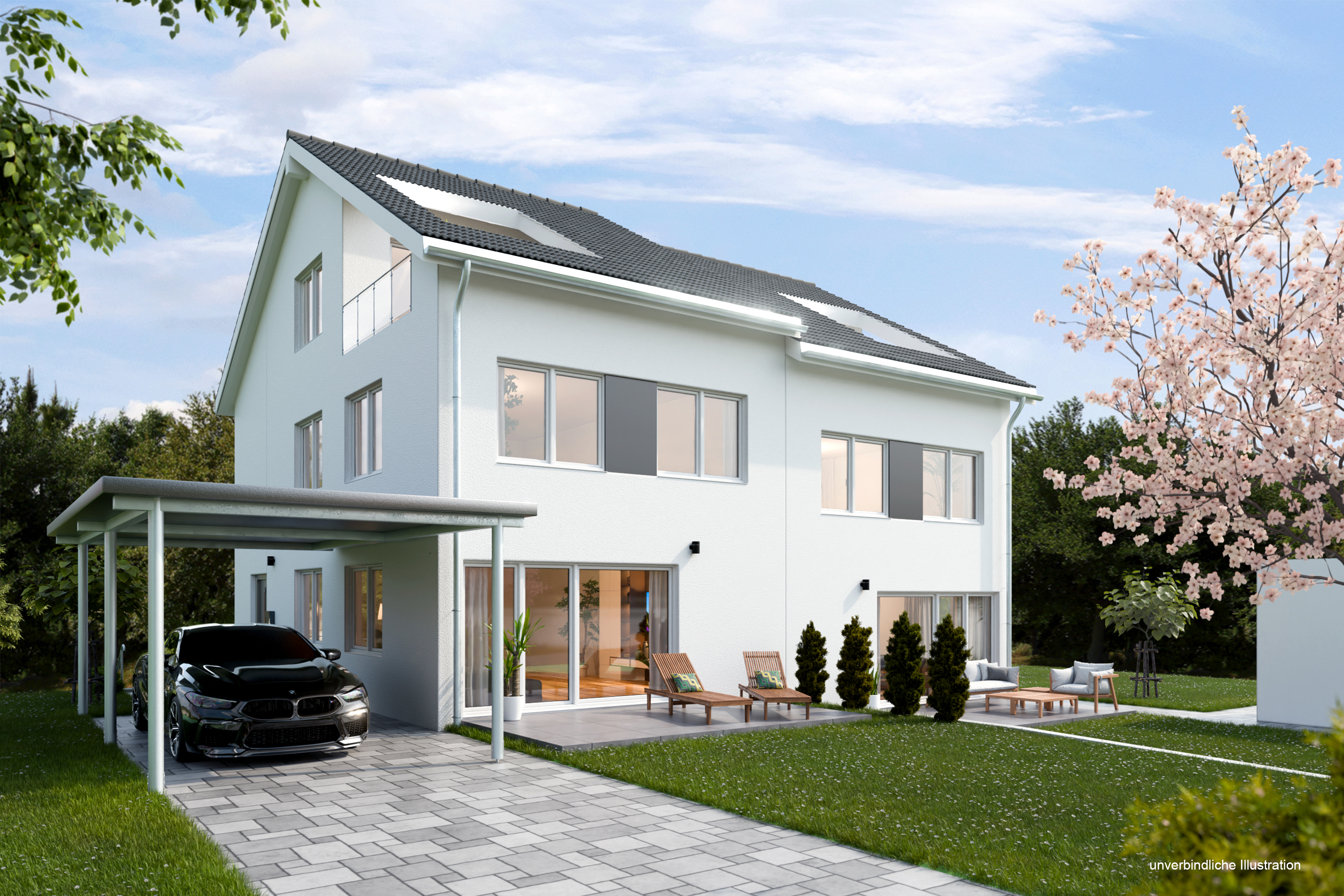 Zweistöckiges modernes Haus mit Garten, weißer Fassade und Auto im Carport unter blauem Himmel.