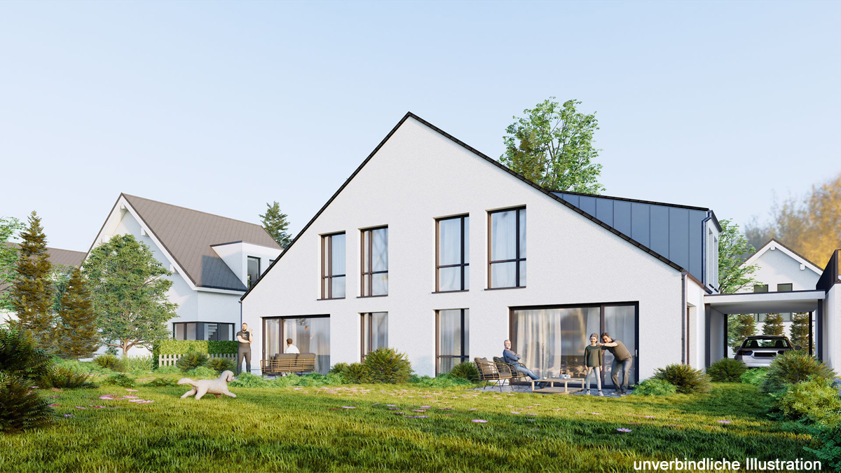 Moderne Häuser mit weißen Fassaden, großen Fenstern; Garten, Personen entspannen im Freien, Hund spielt.