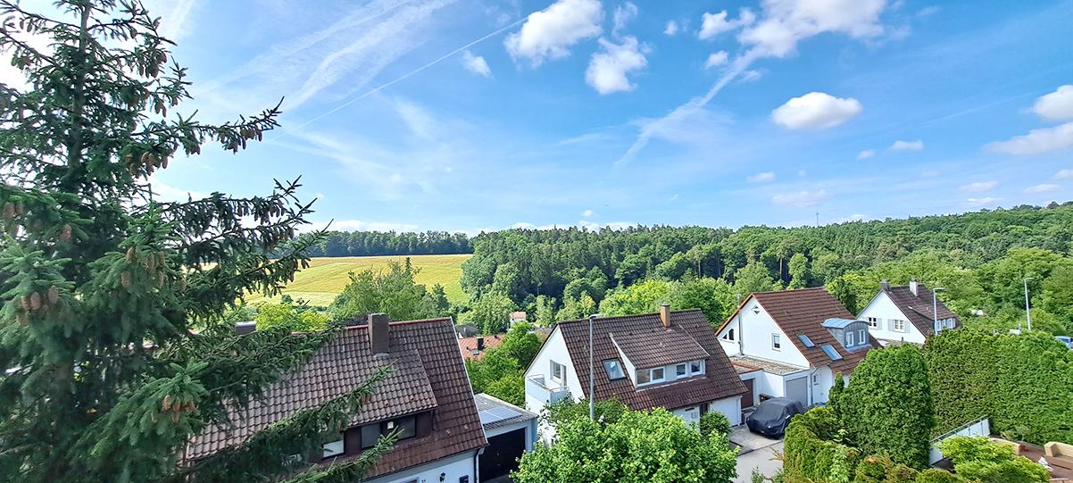Panoramablick auf ein Dorf mit Häusern und Wald bei klarem Himmel und vereinzelten Wolken.
